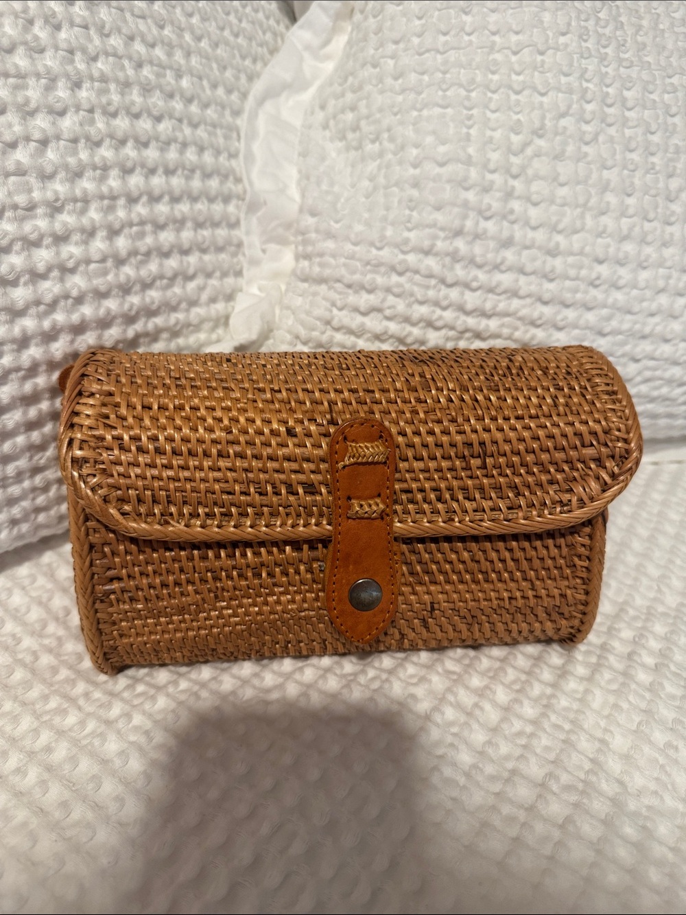 Bali Woven Rattan Crossbody Bag in Light Brown with Tan Leather Trim